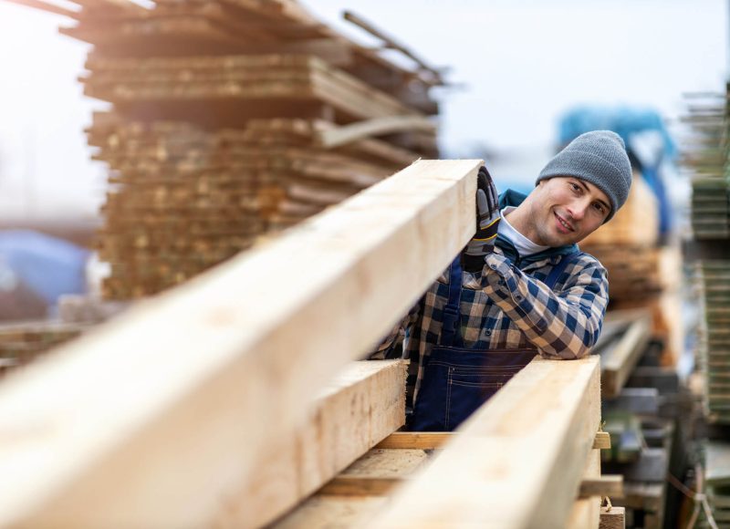 Young male worker in timber warehouse