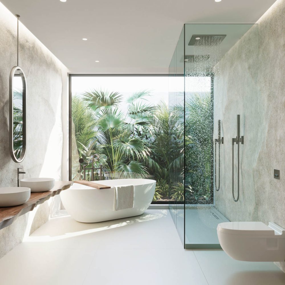 3d Tropical bathroom with stone walls and contemporary minimal d