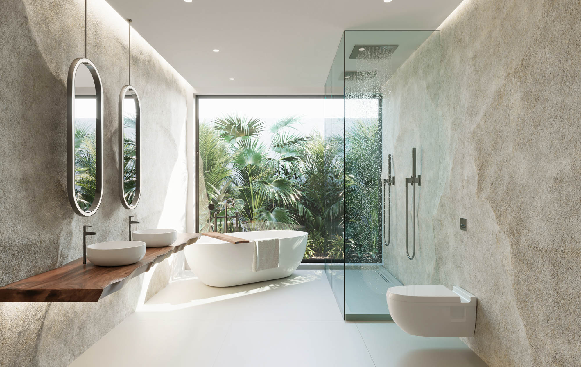 3d Tropical bathroom with stone walls and contemporary minimal d