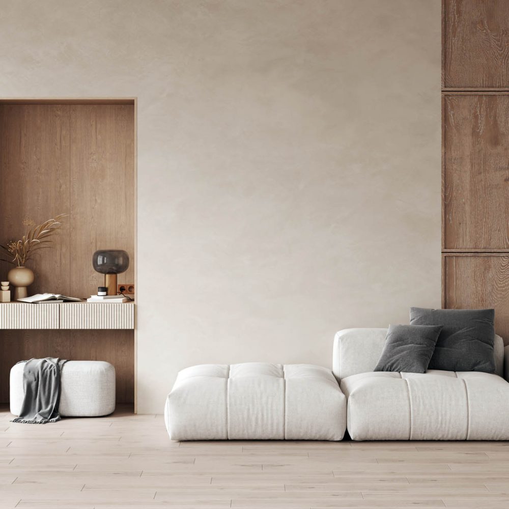 3d rendering of modern living room with white sofa, home desk in