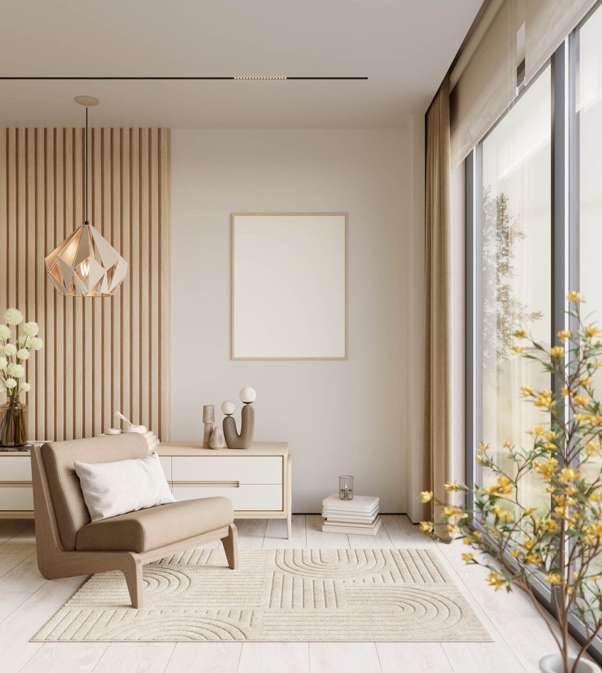 Home interior with sideboard and decor on white wall background.