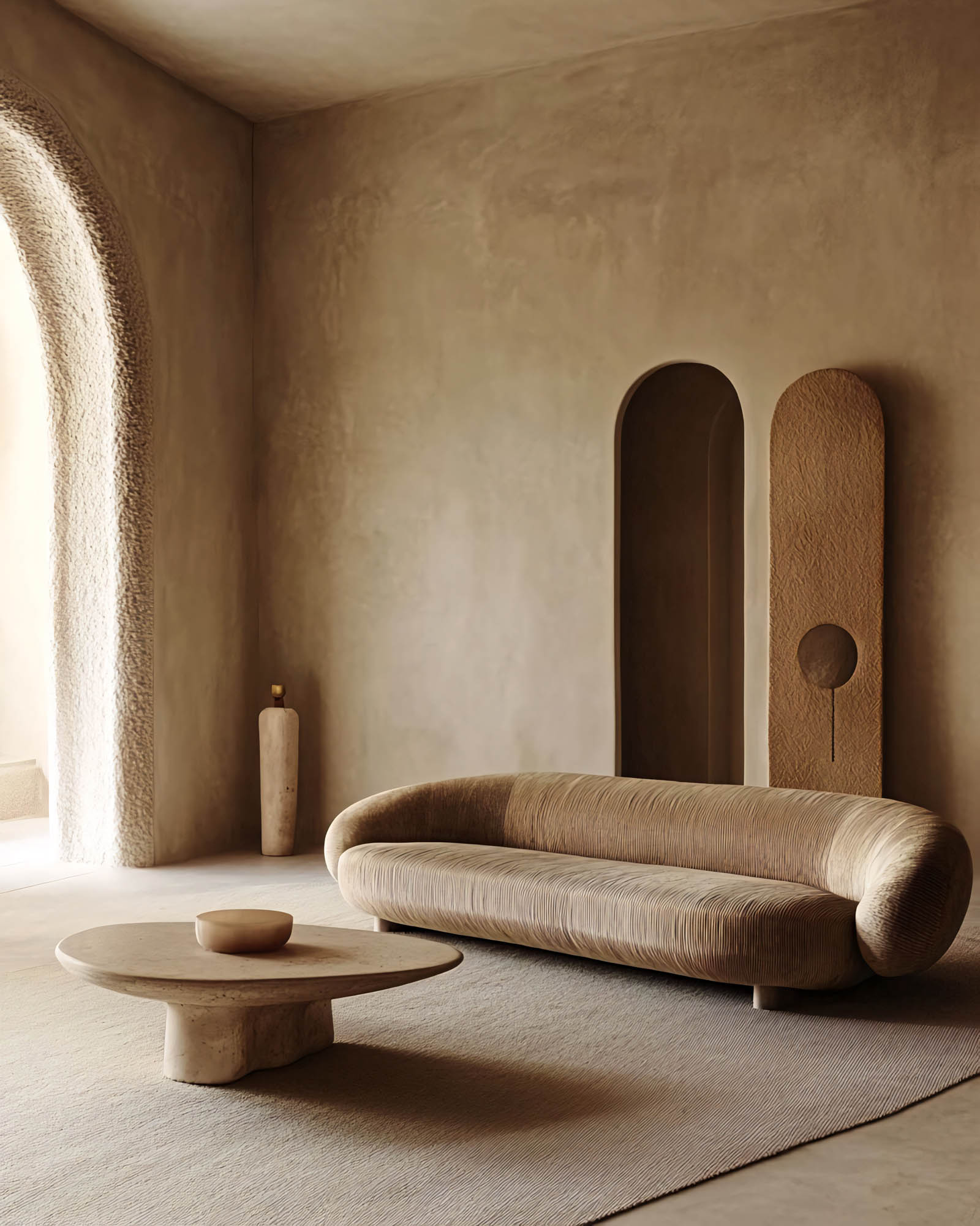 Modern minimalist living room interior with beige sofa, curved coffee table and arched doorways.