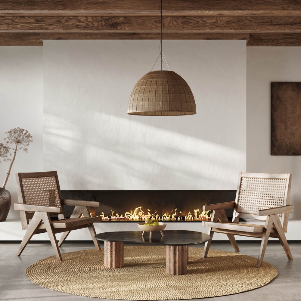 Minimalist living room interior with white walls and modern fire