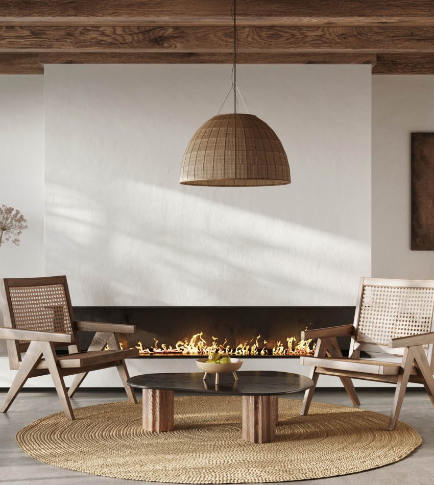 Minimalist living room interior with white walls and modern fire
