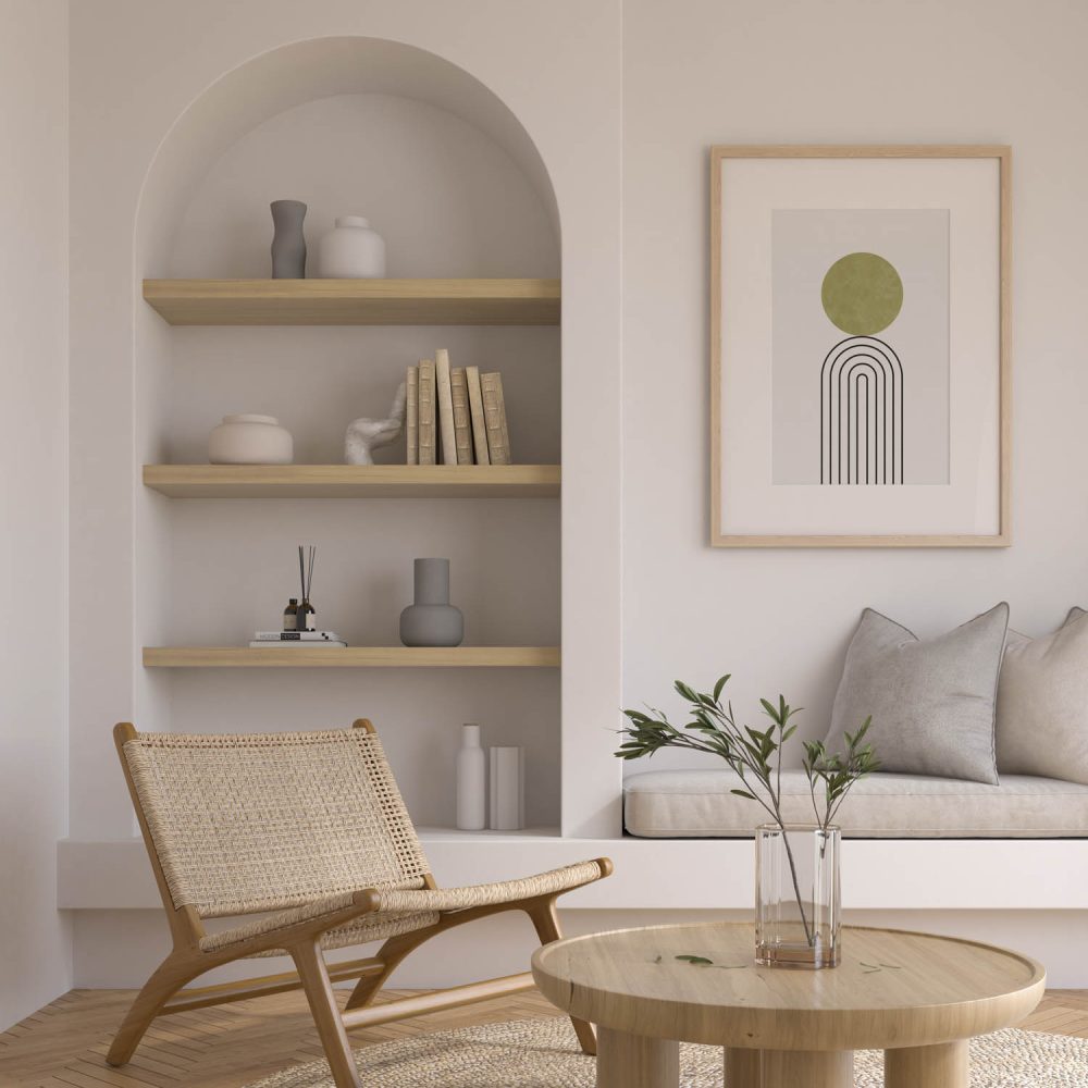 Japandi style conceptual interior room 3d illustration