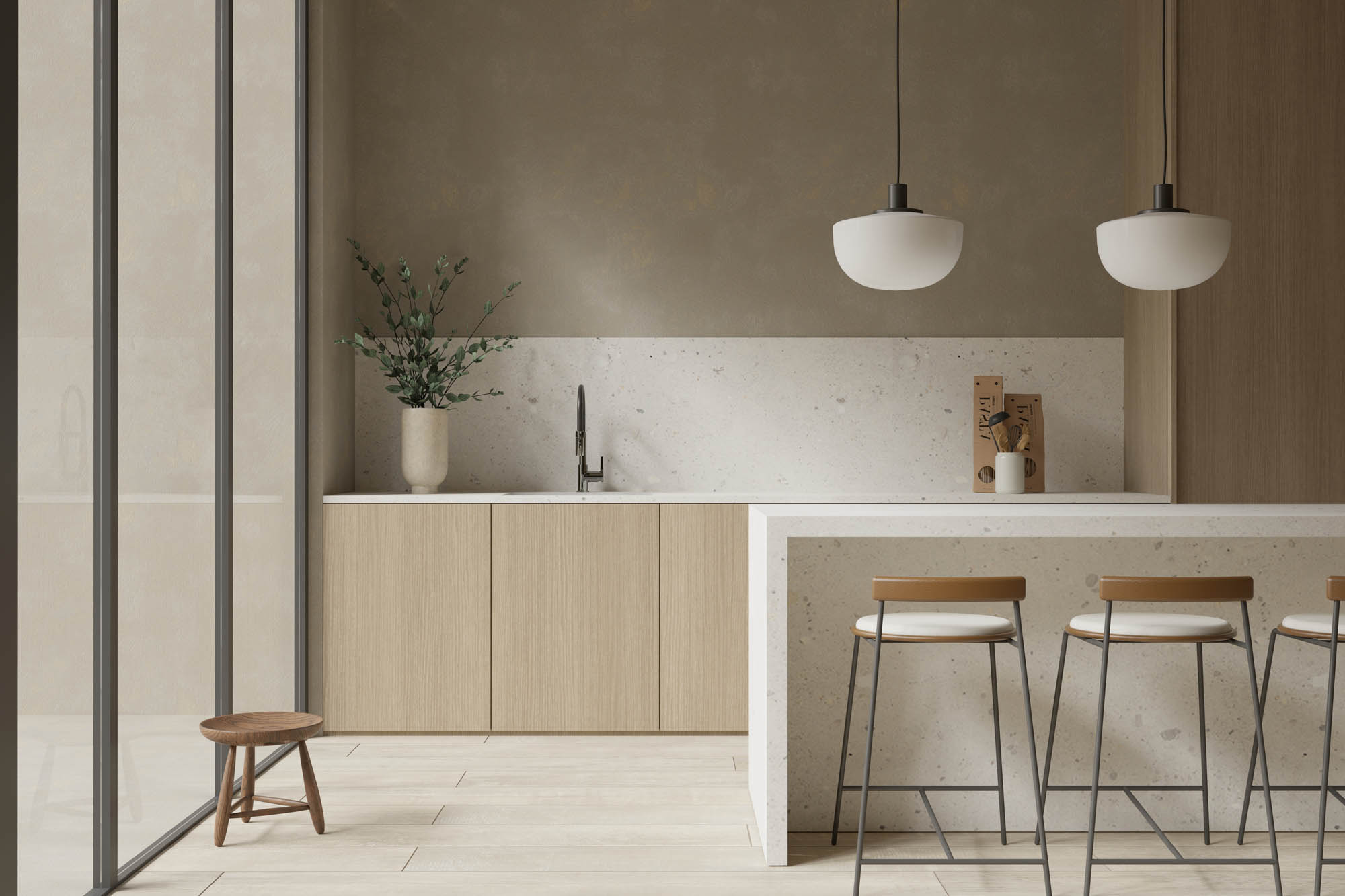 Modern scandinavian kitchen design with island and decor , 3d re